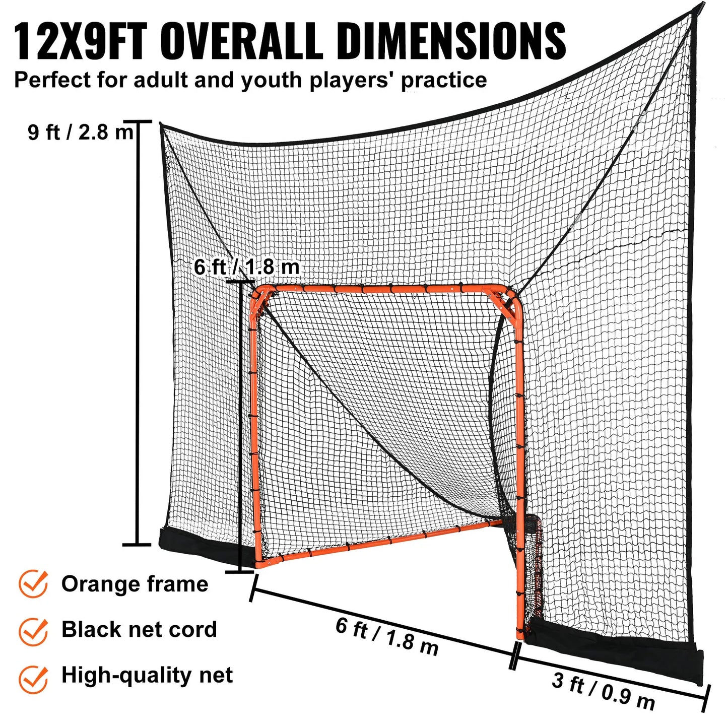 12' x 9' Hockey and Lacrosse Goal Backstop Net Training