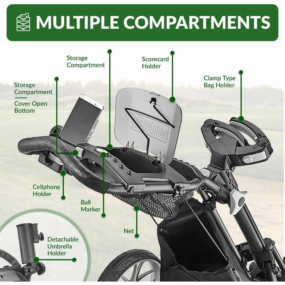 4 Wheel Golf Push Cart 1-Click Folding Trolley - Lightweight,