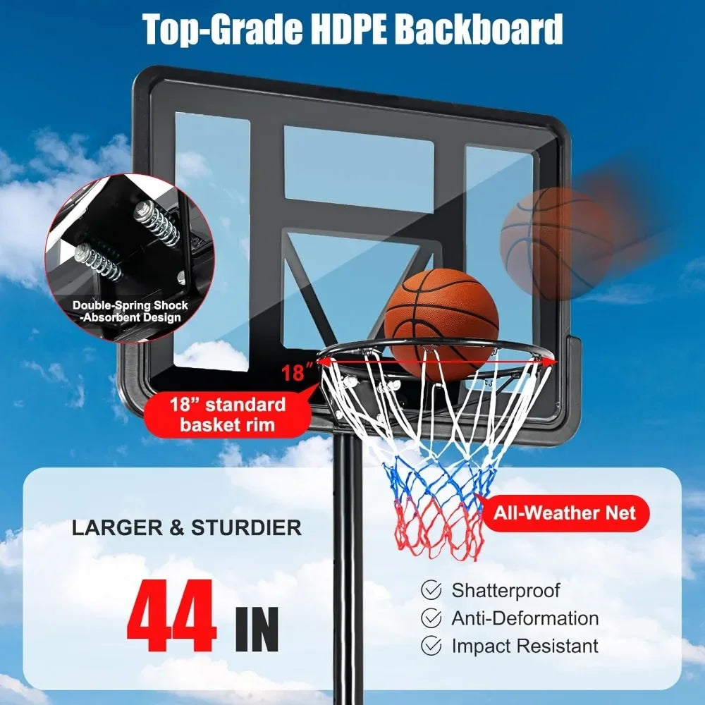 Portable Basketball Hoop, 10FT Height Adjustable with 44" Shatterproof Backboard, Ball Storage & Built-in Wheels