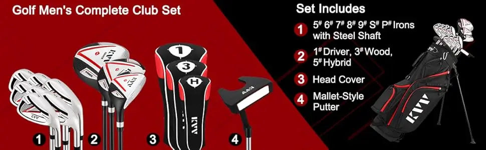 KVV Men’s Complete Golf Clubs Includes Driver, Fairway, Hybrid, 5#-P# Irons, Putter, Stand Bag, Head Covers, Right H