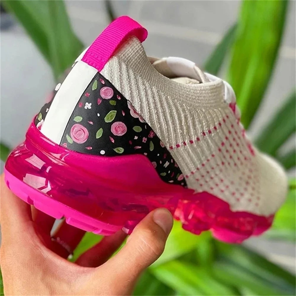 New Sneakers Knitted Fabric Floral Ladies Running Sport