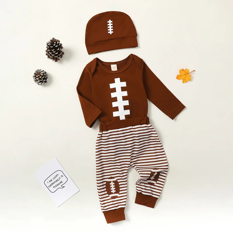 0-18M Baby Boy Girl Football Outfit Long Sleeve Romper Elastic Pants 3PCS Clothes