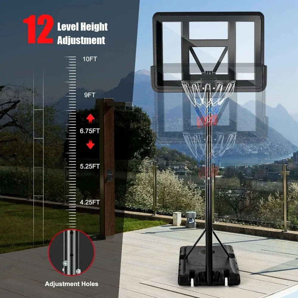 Portable Basketball Hoop, 10FT Height Adjustable with 44" Shatterproof Backboard, Ball Storage & Built-in Wheels