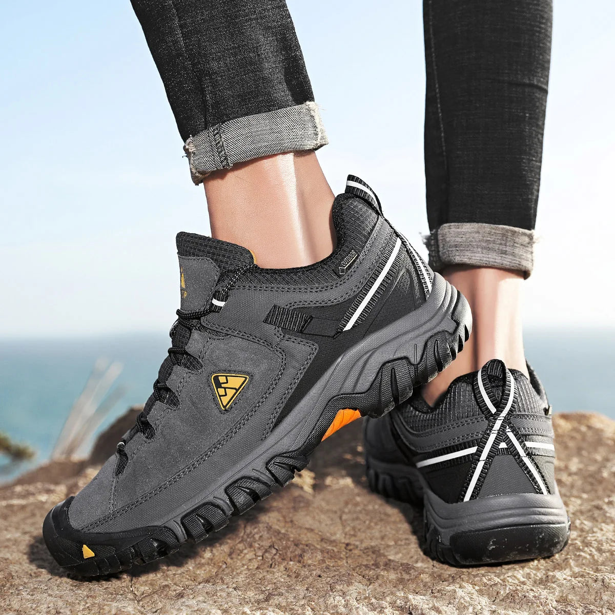 HIKEUP Durable Leather Walking Sneakers Rubber Sole