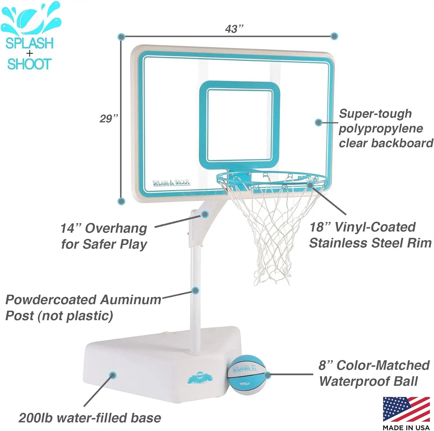 Splash & Shoot Outdoor Adjustable Height Swimming Pool Basketball Hoop w/Ball, Base,