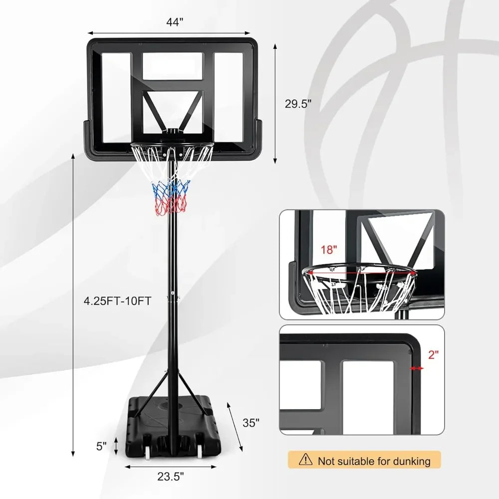 Portable Basketball Hoop, 10FT Height Adjustable with 44" Shatterproof Backboard, Ball Storage & Built-in Wheels