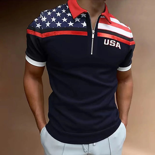 Men's Polo Shirt Independence Day American Flag Print Short Sleeve