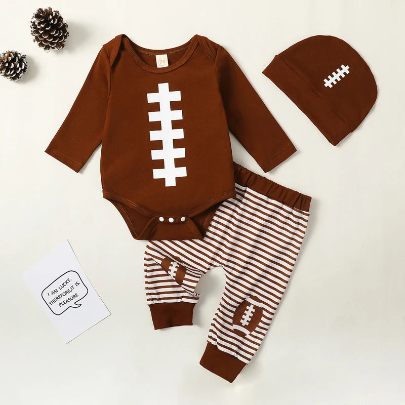 0-18M Baby Boy Girl Football Outfit Long Sleeve Romper Elastic Pants 3PCS Clothes