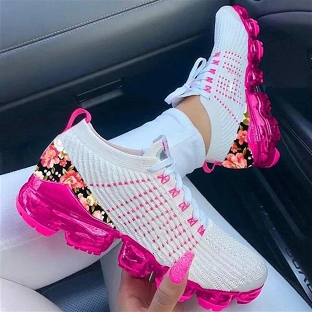 New Sneakers Knitted Fabric Floral Ladies Running Sport