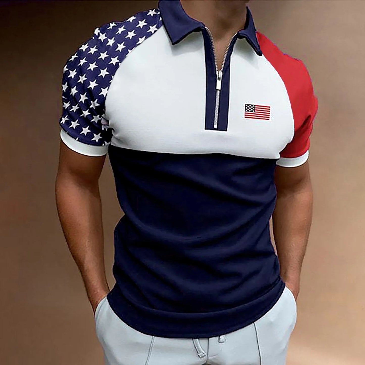 Men's Polo Shirt Independence Day American Flag Print Short Sleeve