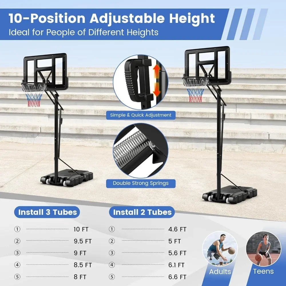 Basketball Hoop, 4.6-10 Ft Height Adjustable with 44" Shatterproof Backboard, 18’’