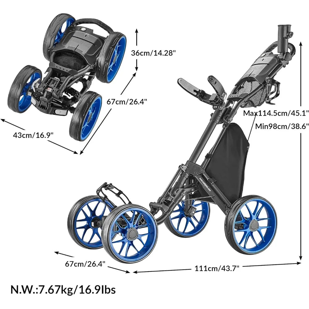 4 Wheel Golf Push Cart  1-Click Folding Trolley - Lightweight,