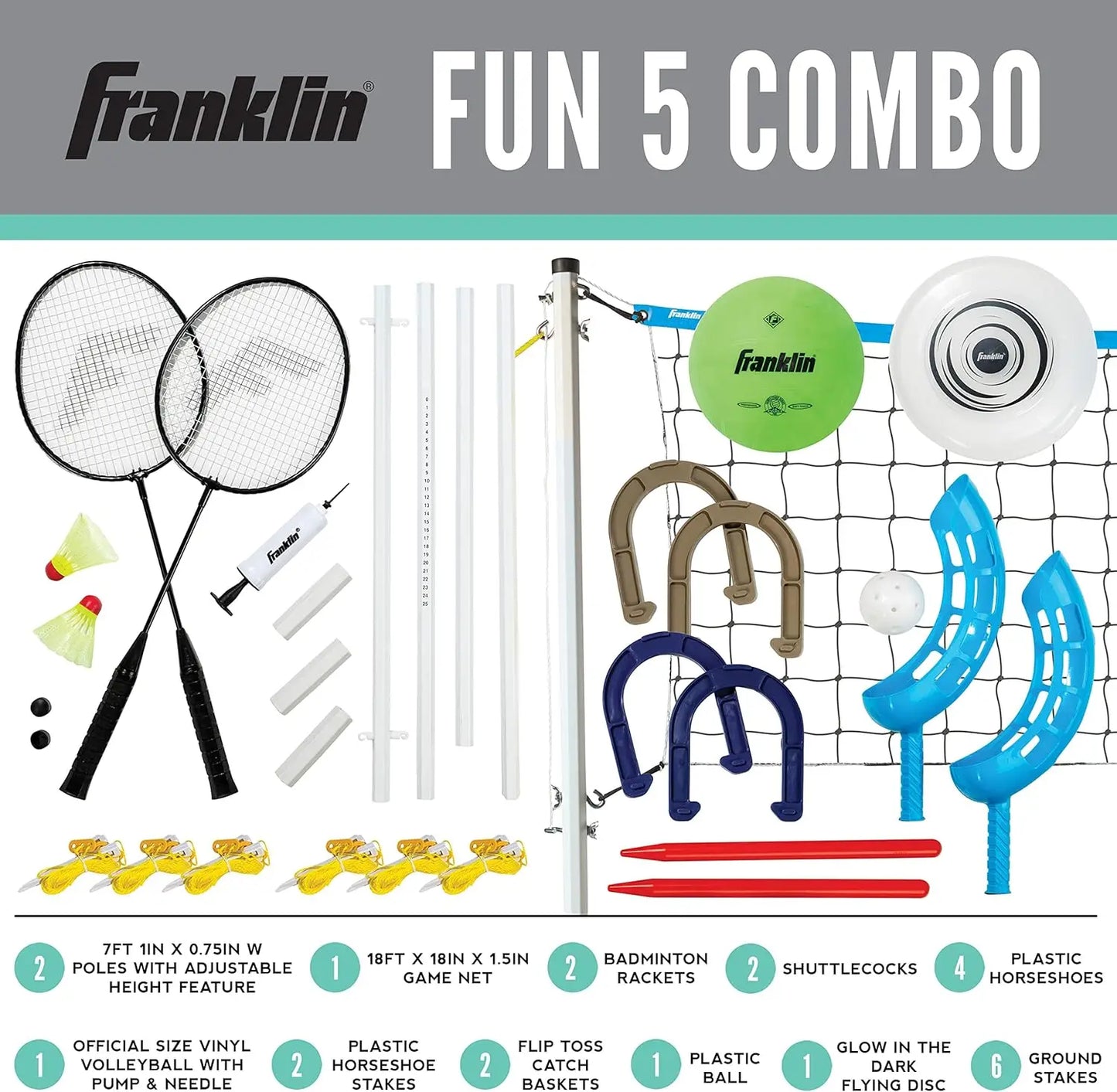 Sports Combo Outdoor Game Set - Backyard, Beach Badminton, Volleyball, Flip Toss