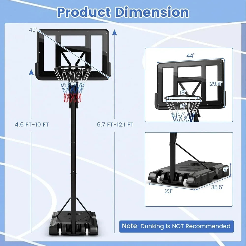 Basketball Hoop, 4.6-10 Ft Height Adjustable with 44" Shatterproof Backboard, 18’’